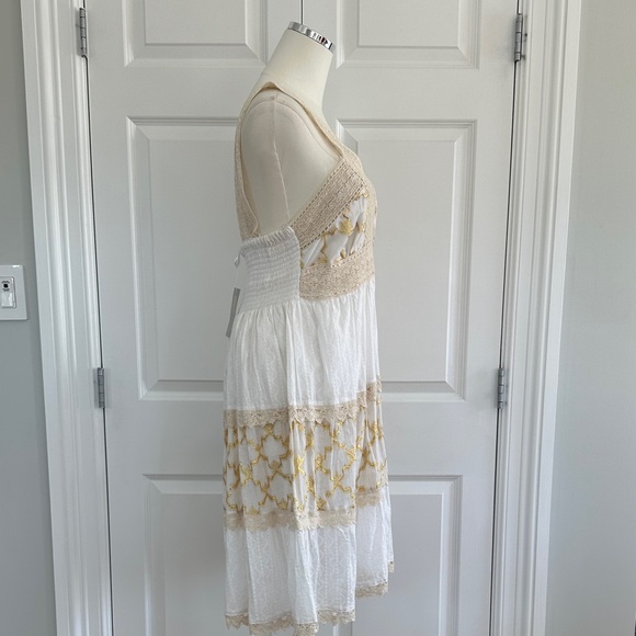 NWT Shira White 100% Cotton Crochet Smocked Gold Beach Cover-up Dress Free Size - Picture 10 of 15